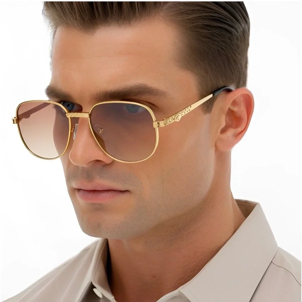 Mens Gold Aviator Sunglasses Brown Gradient Lens Retro Filigree Metal Frame 2026